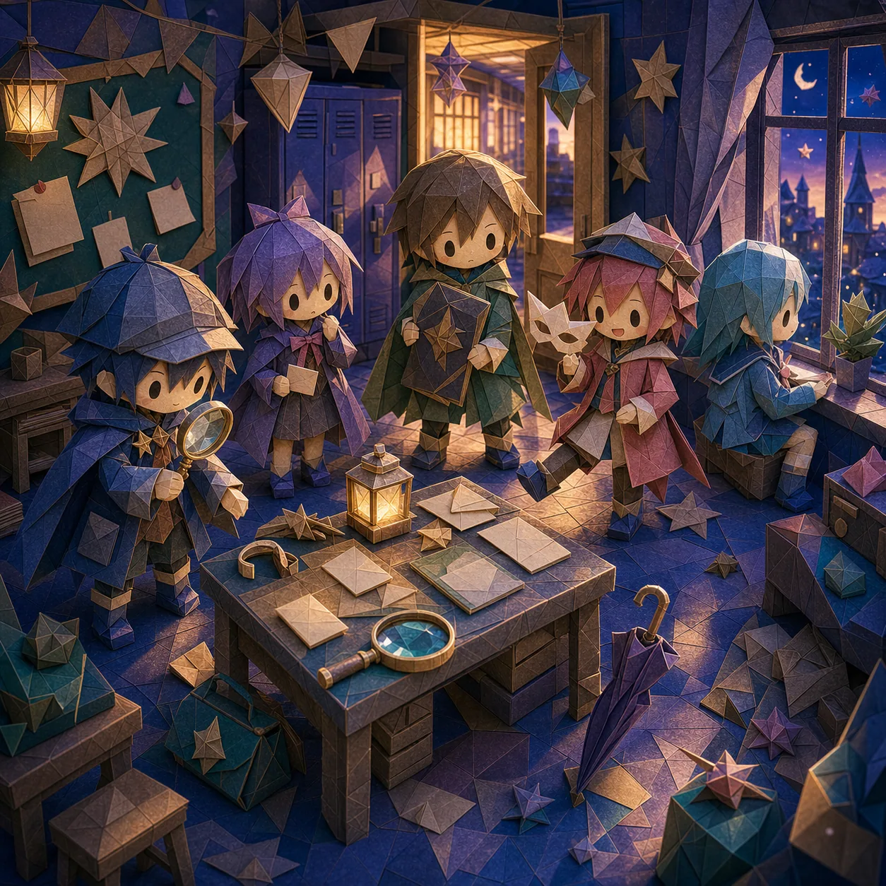 折り紙風の放課後の教室でミステリーを追うカバー画像