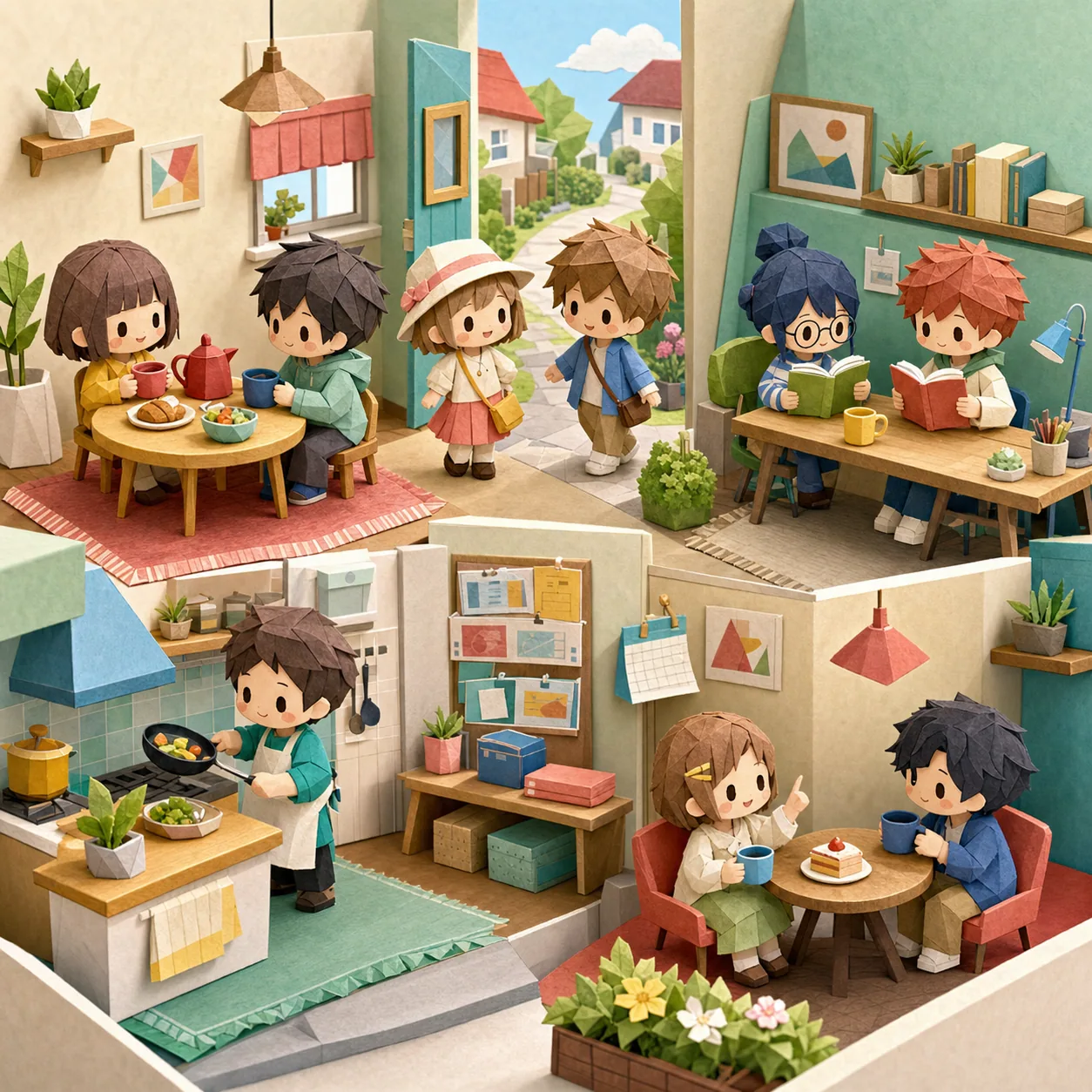 折り紙風の人物たちがふたり時間の過ごし方を表すジオラマ風カバー画像