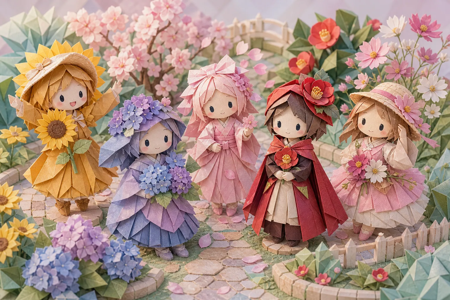 折り紙風の人物たちがそれぞれの花らしさを表すジオラマ風カバー画像