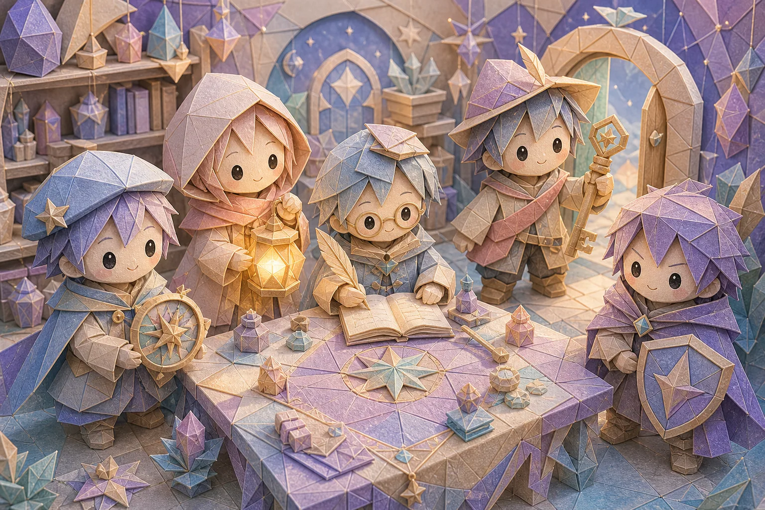 折り紙風の5人の人物がそれぞれ違う魔法道具を手にするジオラマ風カバー画像