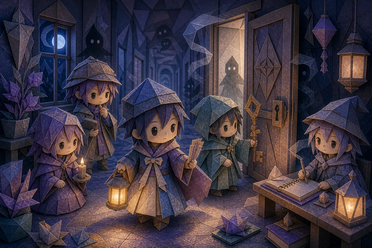 折り紙風の深夜の廊下と怪異の気配を描いたカバー画像