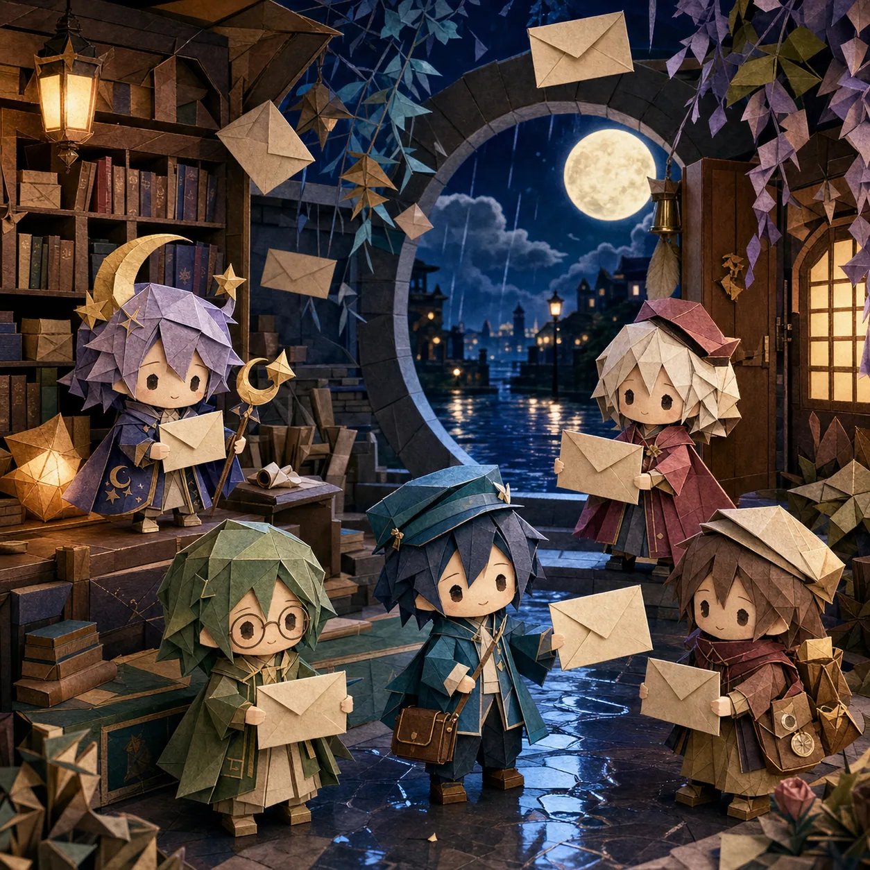 折り紙風の夜の郵便室で五人の不思議な差出人が手紙を持つジオラマ風カバー画像