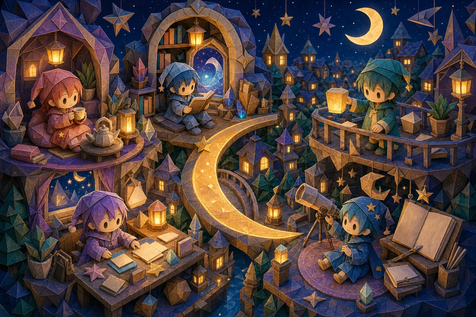 折り紙風の人物たちが夜の部屋でそれぞれの過ごし方を楽しむジオラマ風カバー画像