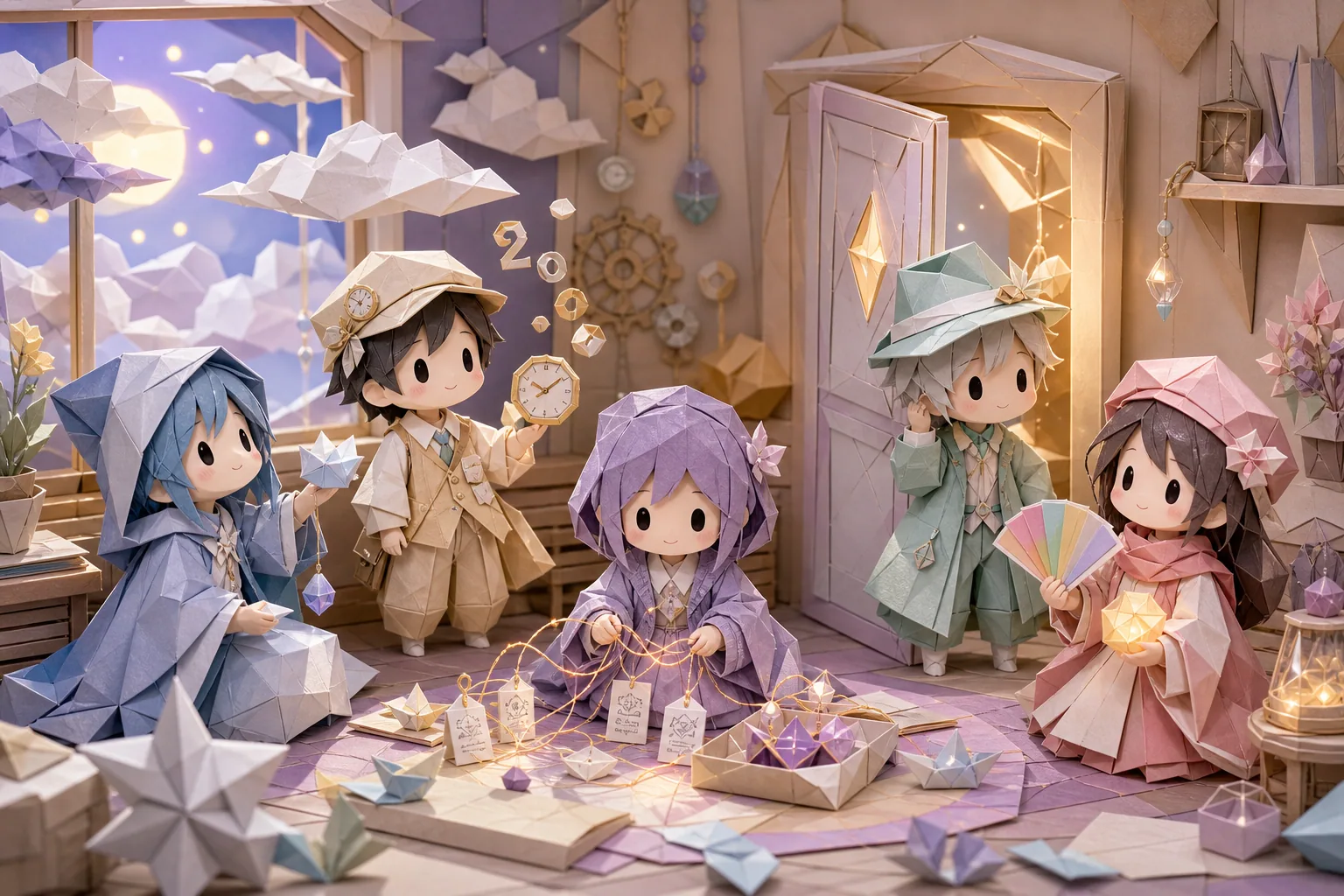 折り紙風の部屋で小さな予兆を受け取る人物たちを描いたジオラマ風カバー画像