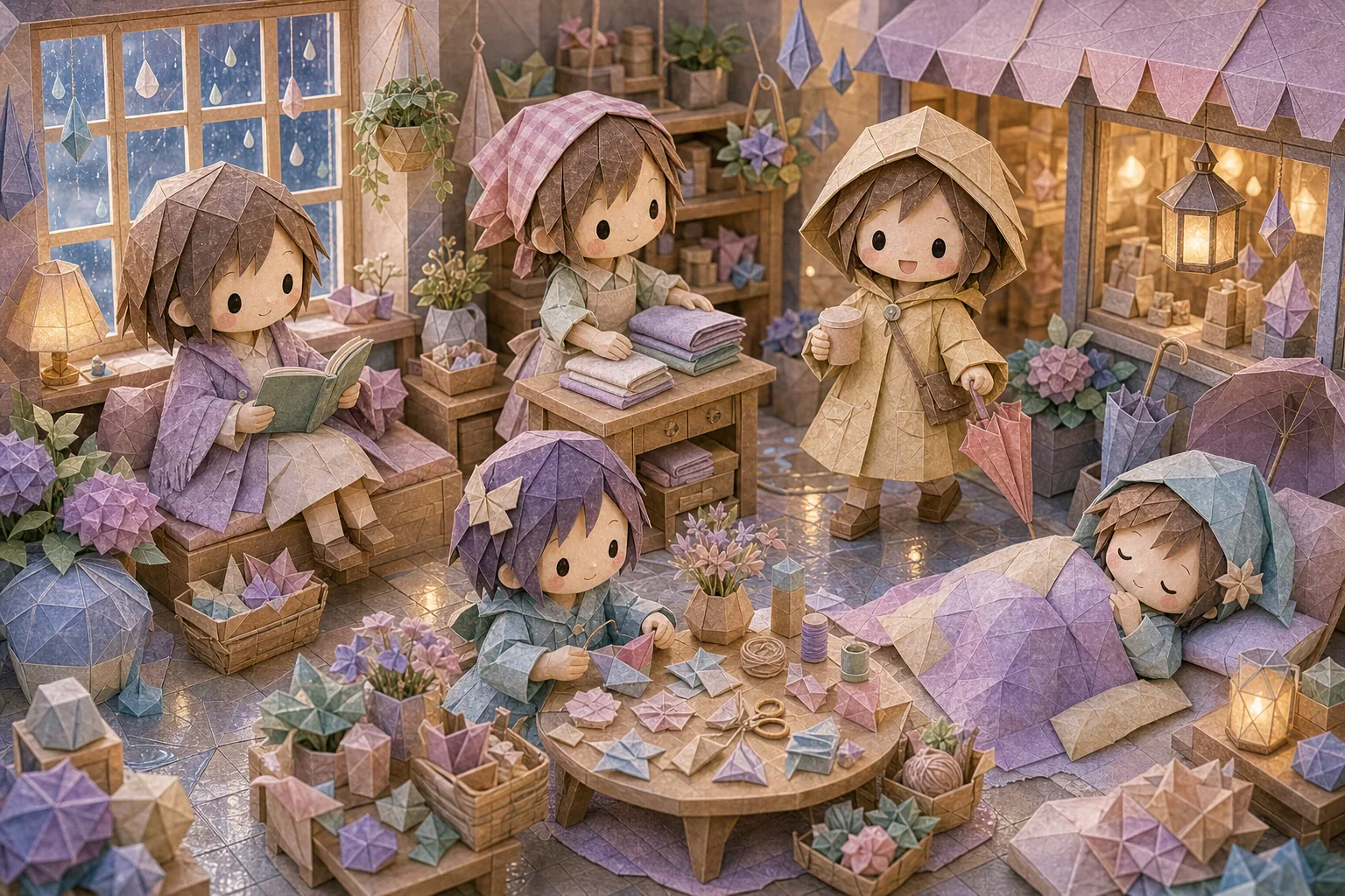 折り紙風の雨の日の部屋で人物たちが読書や片づけやお茶を楽しむジオラマ風カバー画像