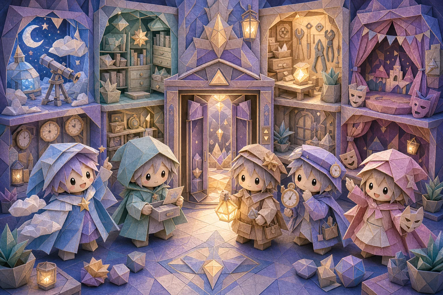 折り紙風の人物たちがエレベーターからそれぞれ違う秘密の階をのぞくジオラマ風カバー画像