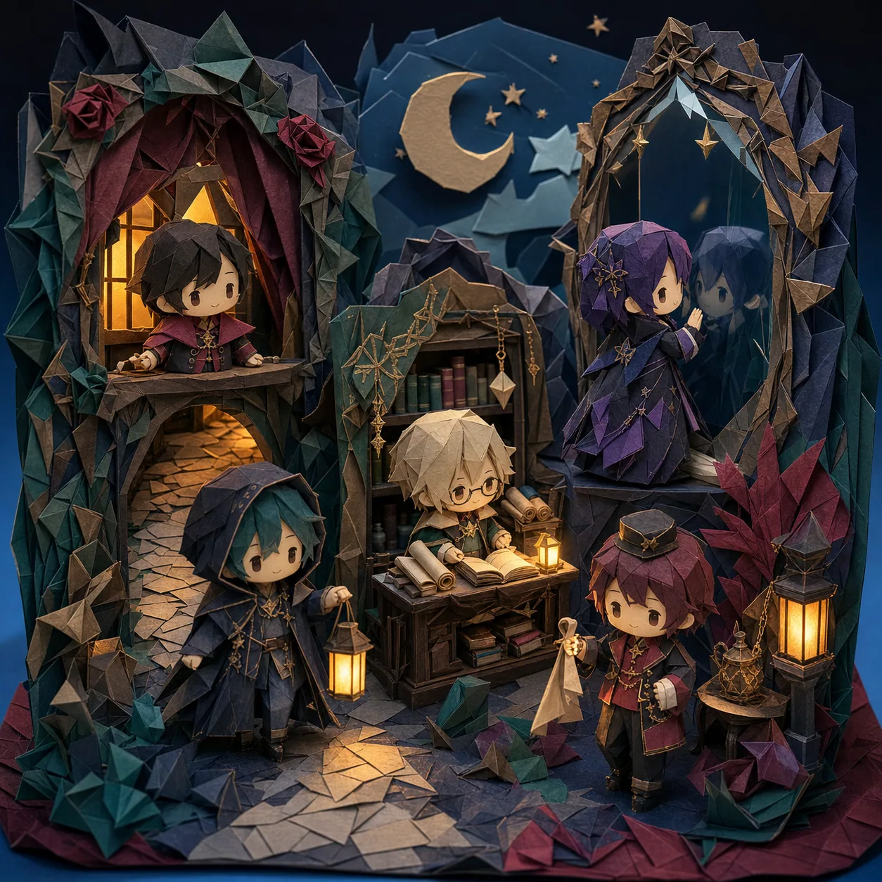 折り紙風の夜の部屋で五つの影の気配に寄り添う人物たちを描いたジオラマ風カバー画像