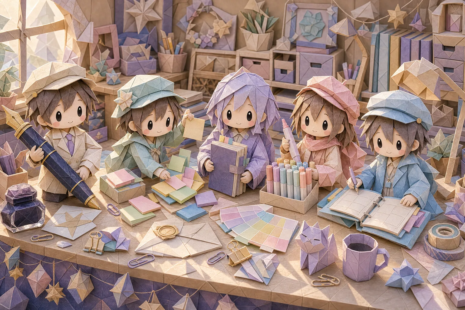 折り紙風の机の上で五人の人物がそれぞれ違う文具を持つジオラマ風カバー画像