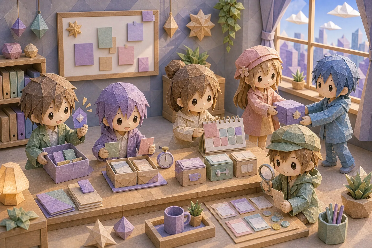 折り紙風の人物たちがサブスクの箱やカレンダーを整理するジオラマ風カバー画像
