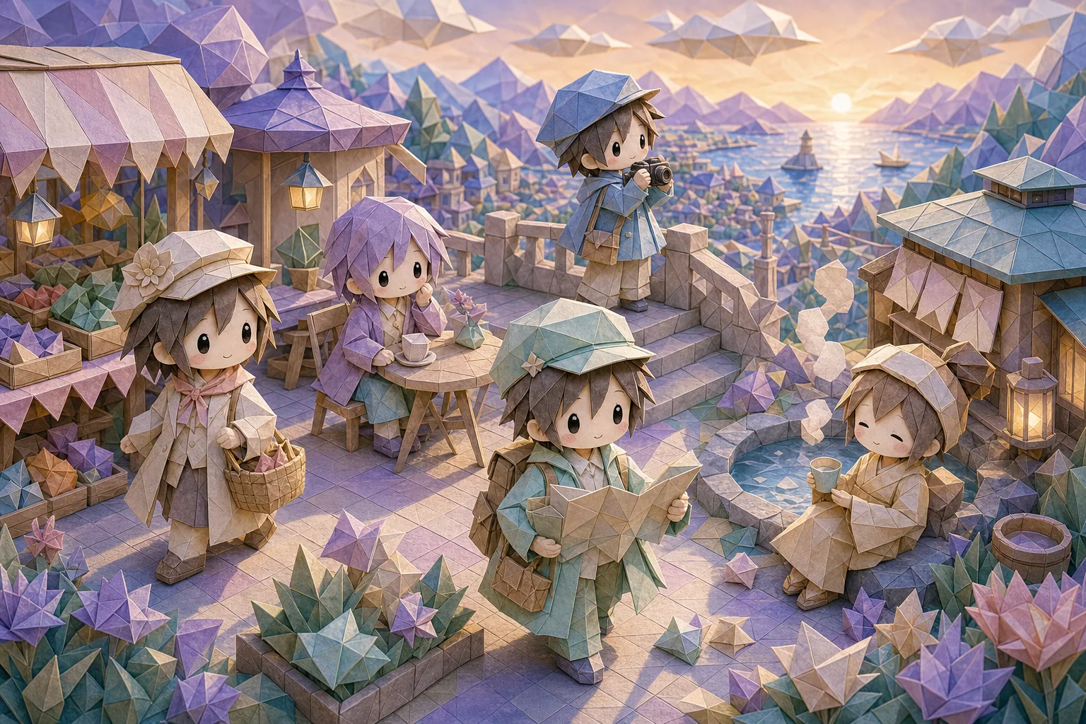 折り紙風の旅先で五人の人物がそれぞれの旅時間を楽しむジオラマ風カバー画像