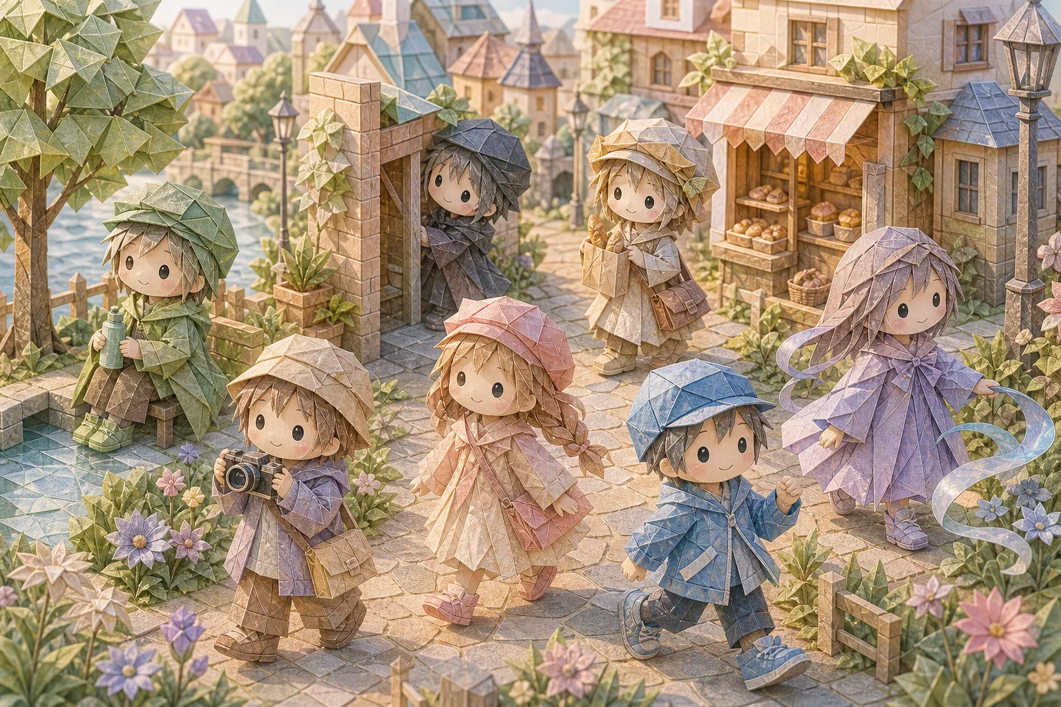 折り紙風の人物たちがそれぞれの散歩の楽しみ方を表すジオラマ風カバー画像