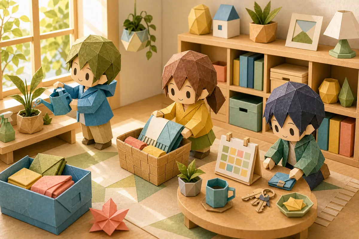 朝の部屋で折り紙風の人物たちが植物や棚を整えて暮らしを見直している気分画像