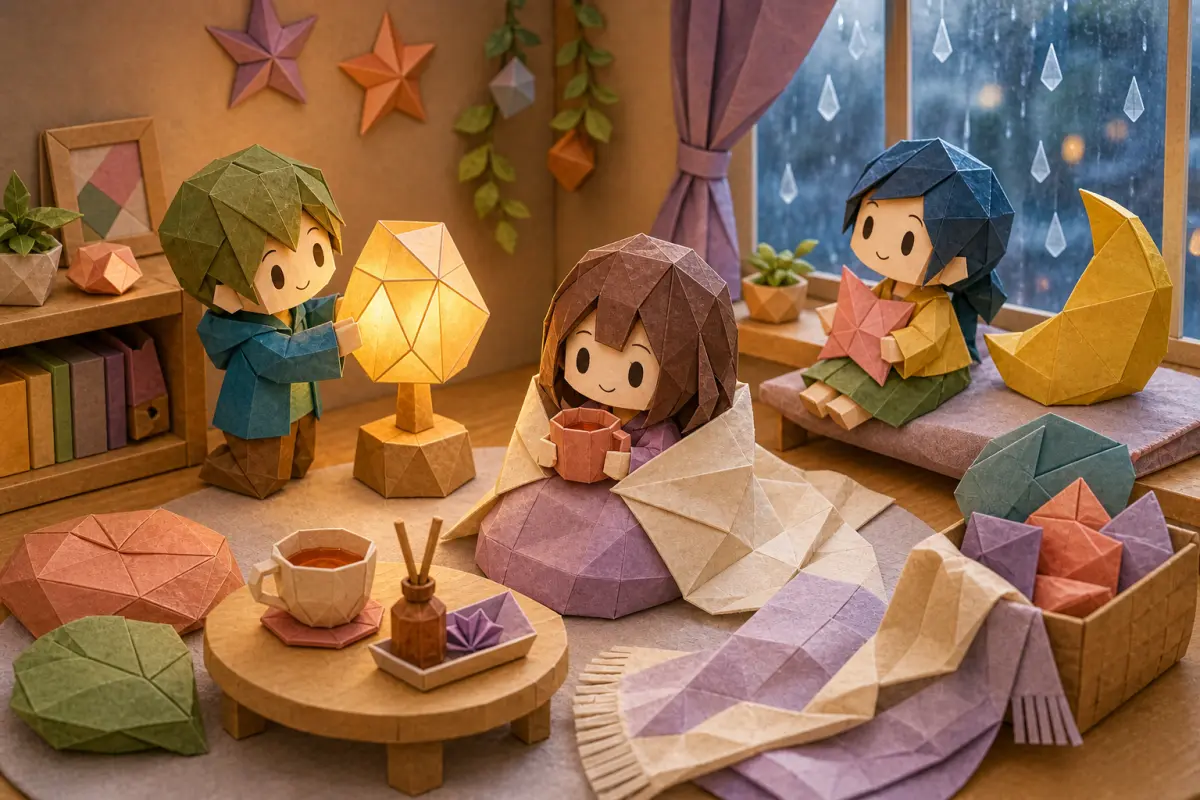 雨の日の部屋で折り紙風の人物たちがお茶や灯りに癒されている気分画像