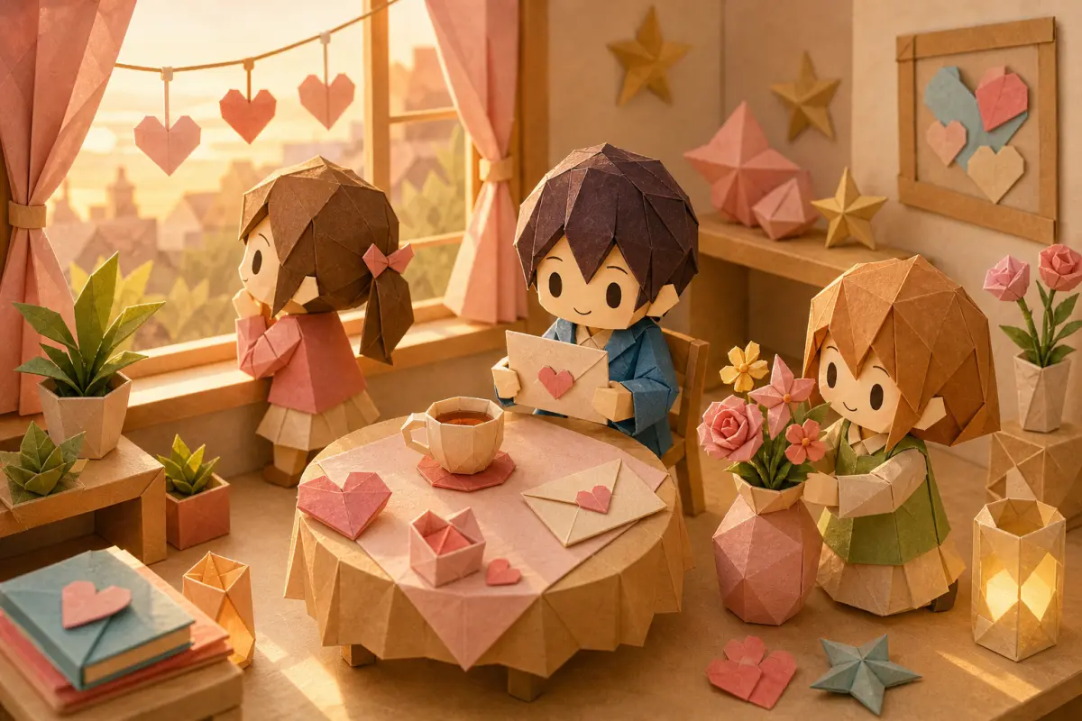 折り紙風の人物たちが窓辺で手紙や花を眺めながら恋を考えている気分画像
