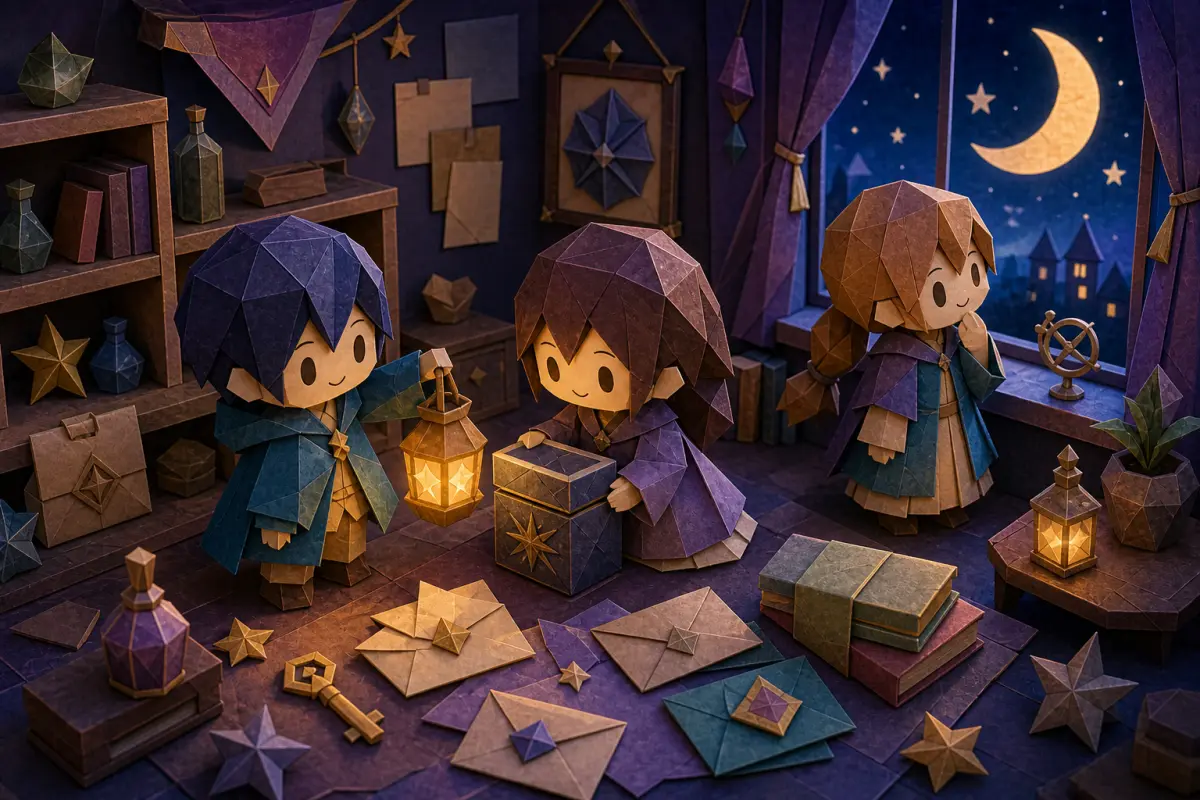 月明かりの部屋で折り紙風の人物たちが小さな謎に近づいている気分画像