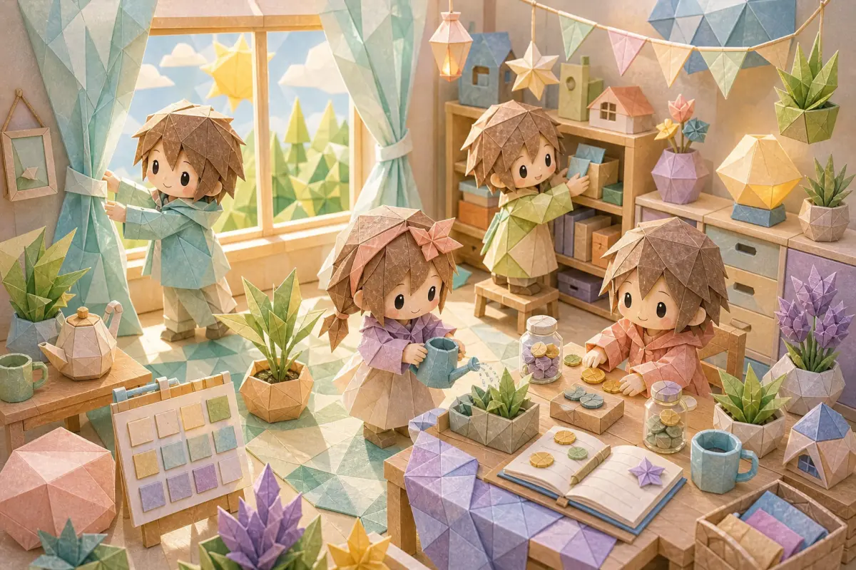折り紙風の人物たちが部屋や植物や予定を整えるシリーズ画像