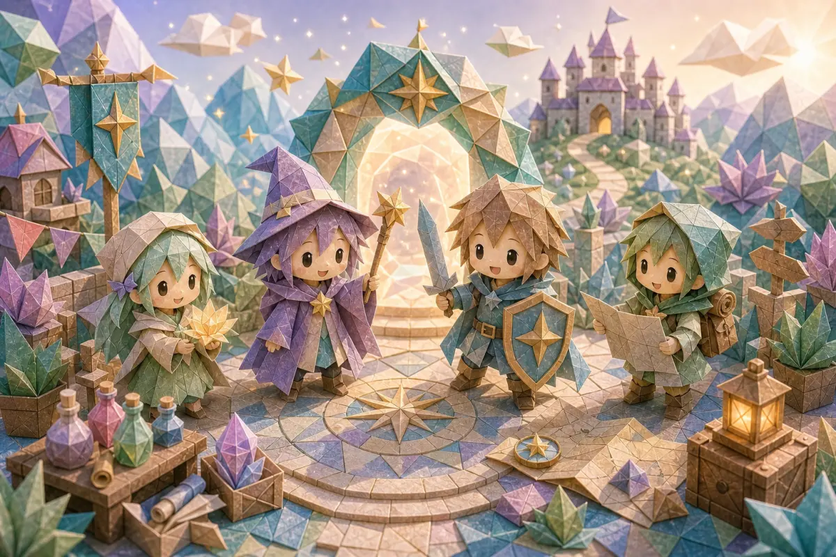 折り紙風の冒険者たちが魔法の門に集まるシリーズ画像