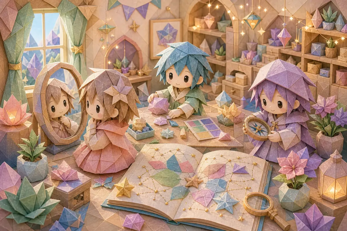 折り紙風の人物たちが鏡や色紙で自分らしさを探すシリーズ画像
