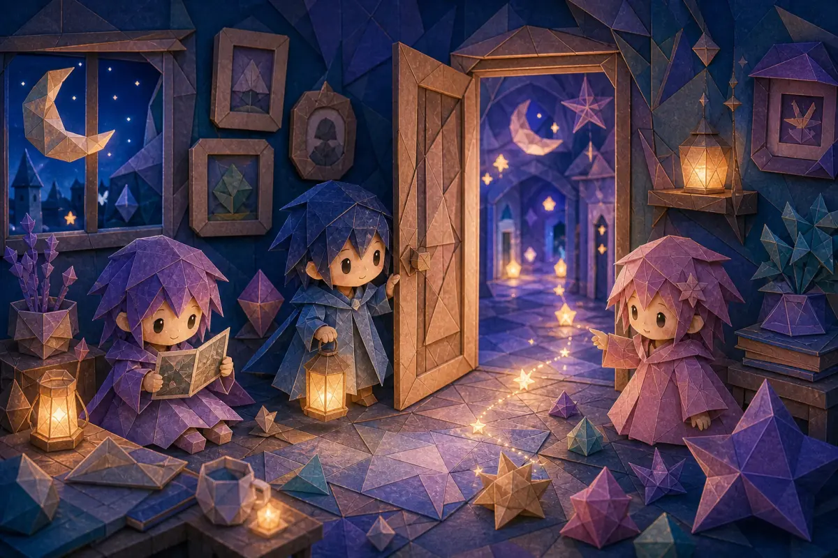 折り紙風の人物たちが眠れない夜の不思議な扉をのぞくシリーズ画像